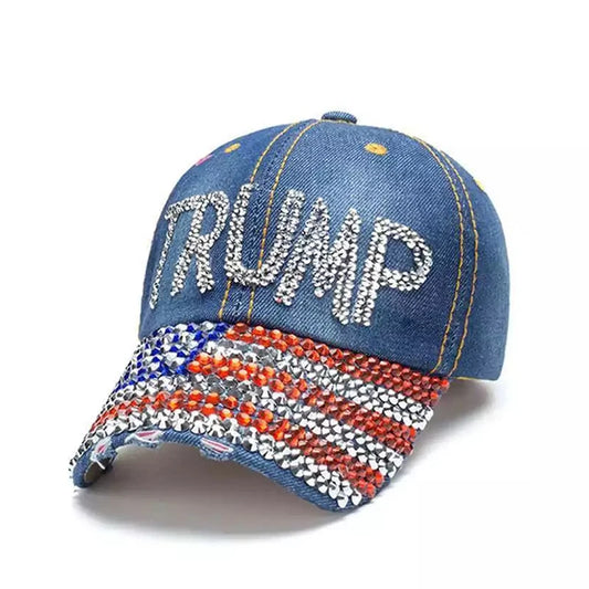 Patriotic Election Day TRUMP Fans Gift Trendy Headwear Sparkle Baseball Cap Denim Bling Rhinestone USA Flag